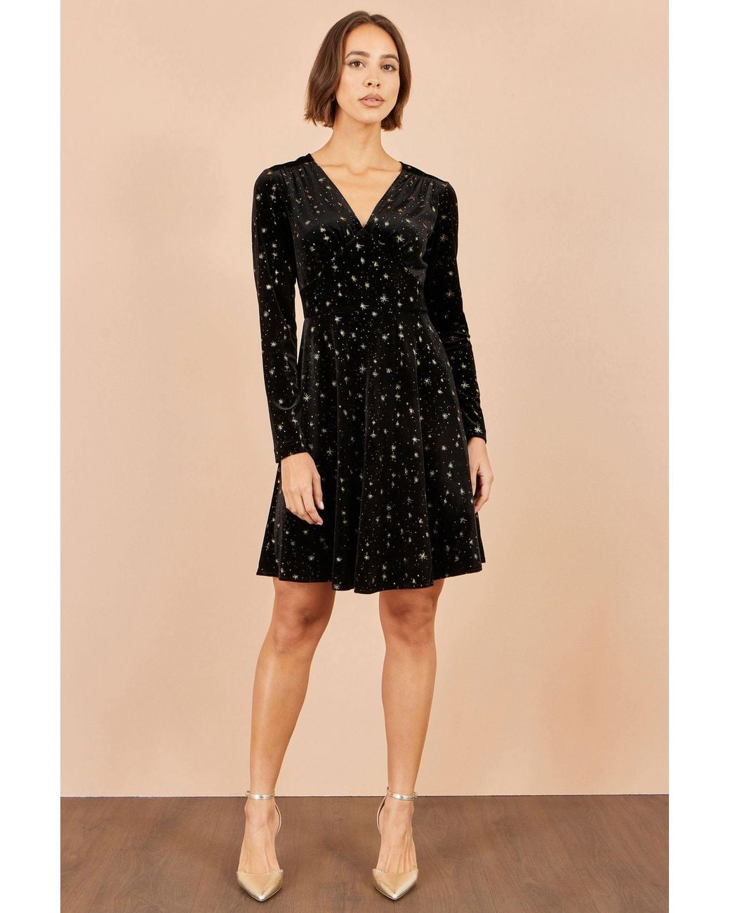 Yumi' Black Velvet Skater Dress With Foil Star Print