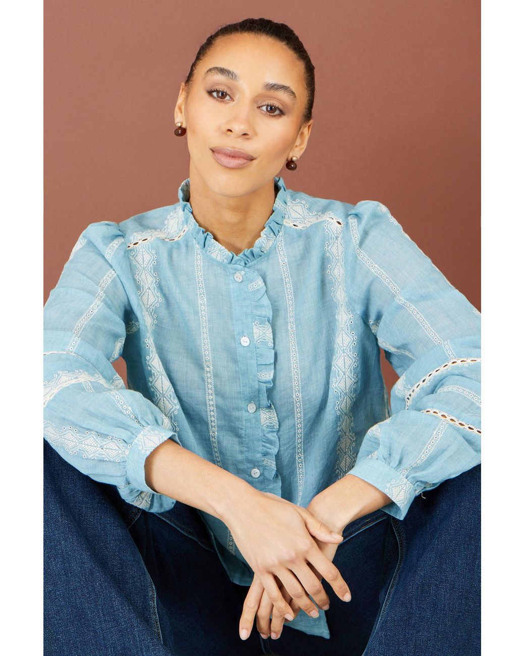 Yumi' Blue Cotton Embroidered Panel Shirt