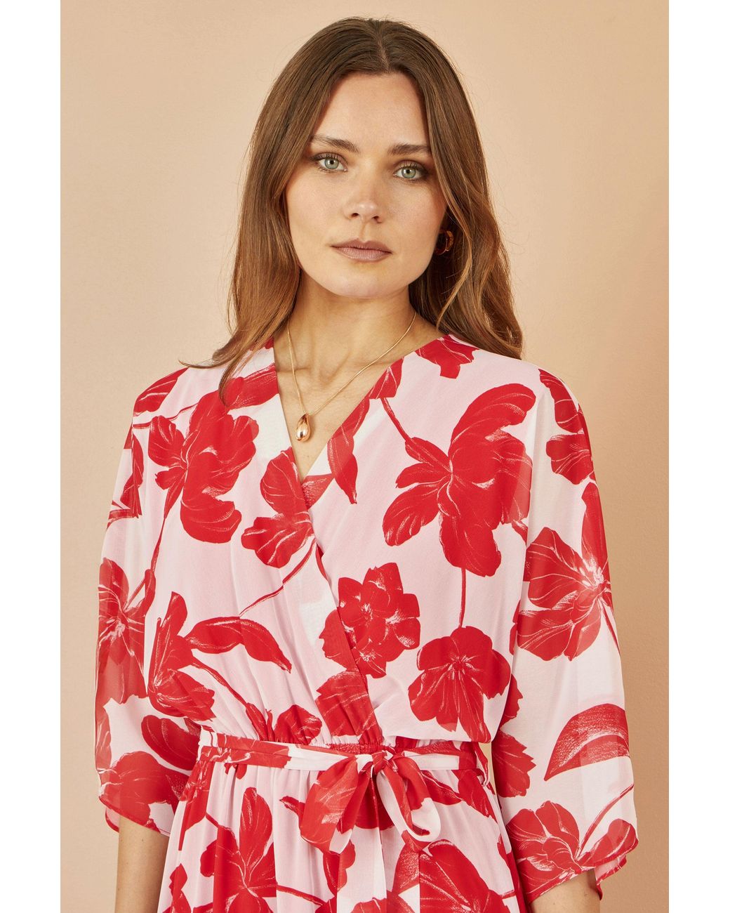 Yumi' Red Kimono Sleeves Dip Hem Wrap Midi Dress