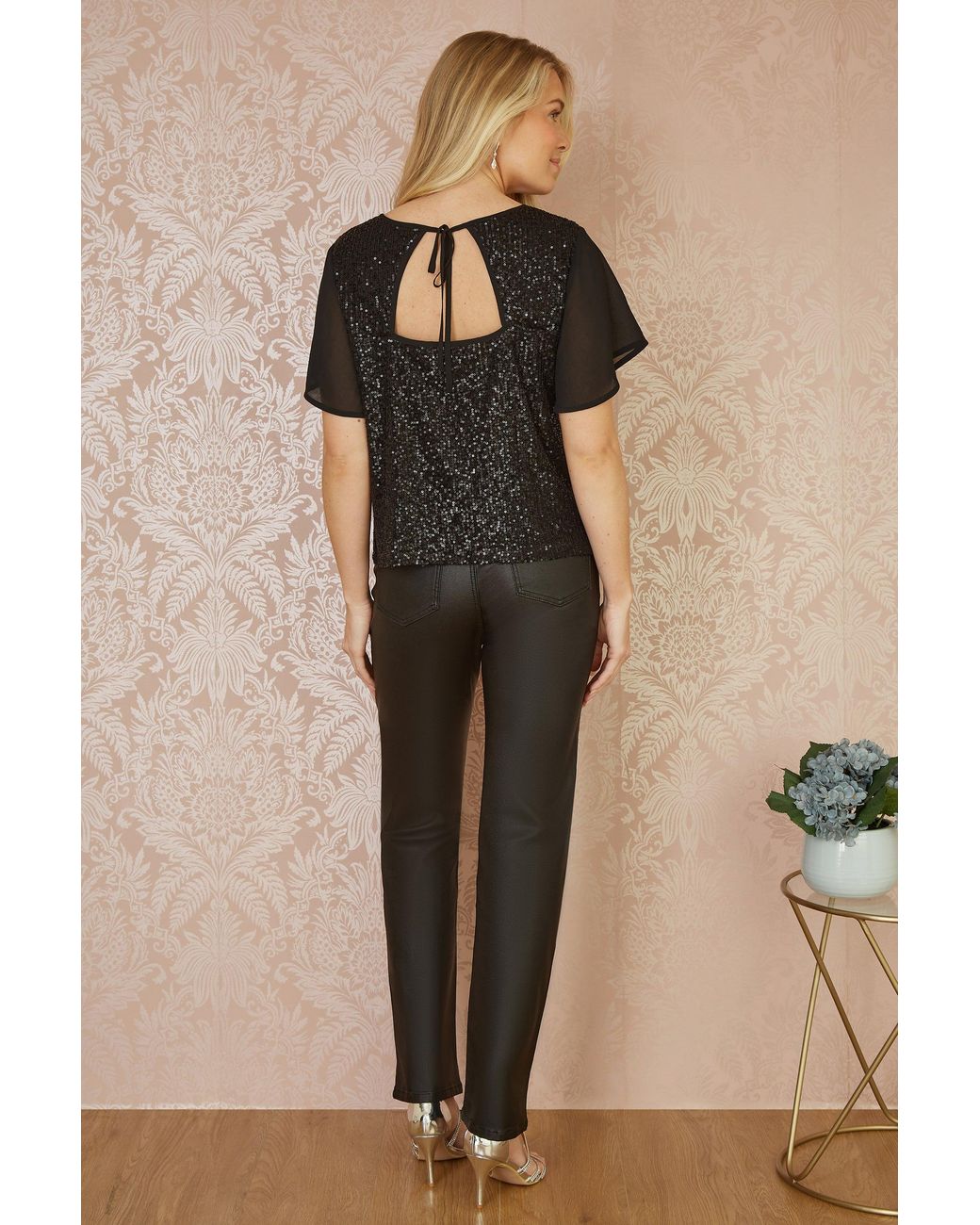 Yumi' Black Sequin Top With Sheer Sleeves