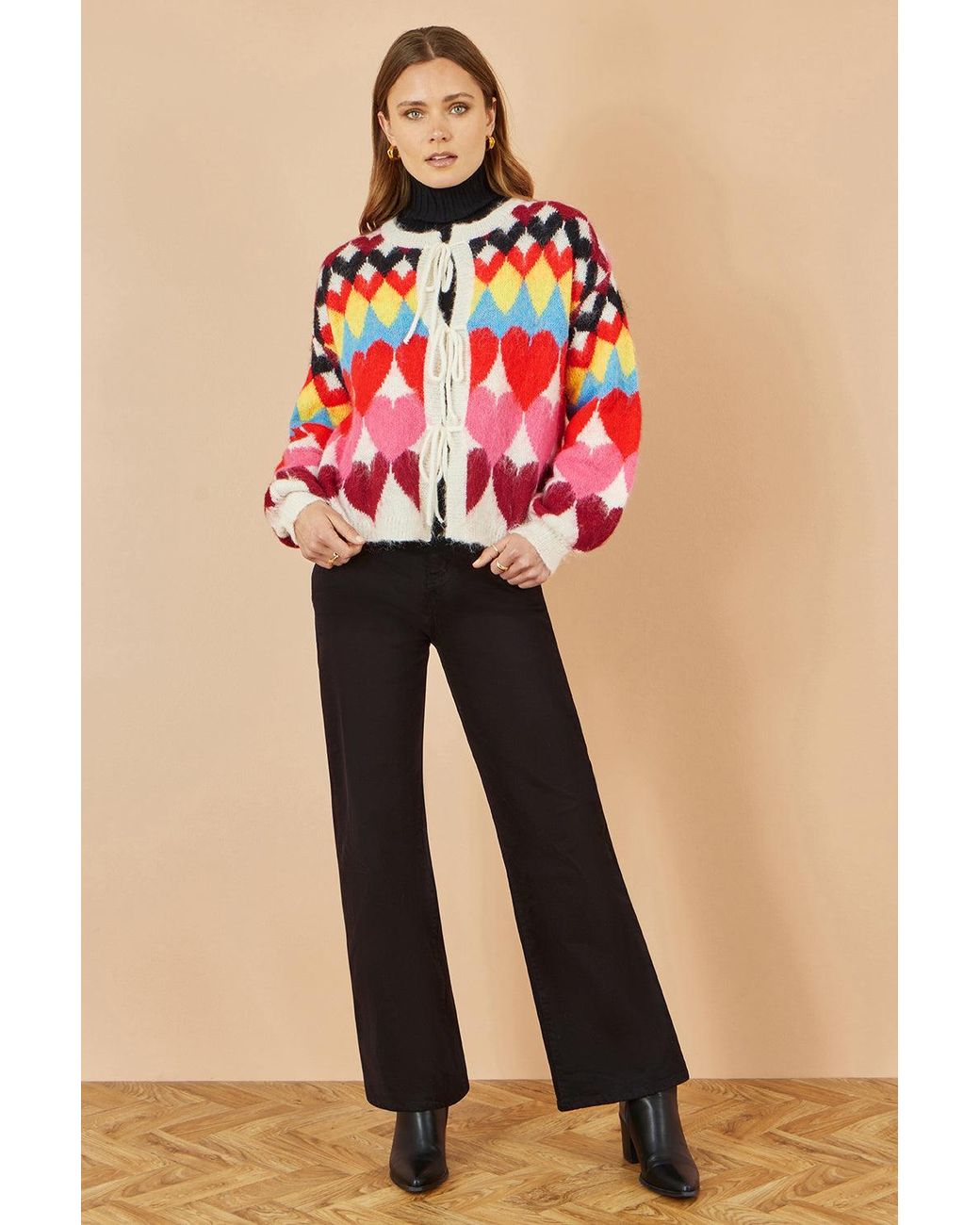 Yumi' Red Multicolour Tie Front Heart Intarsia Cardigan