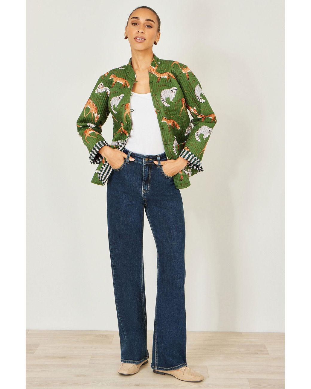 Yumi' Green Fox Print Reversible Cotton Quilted Jacket