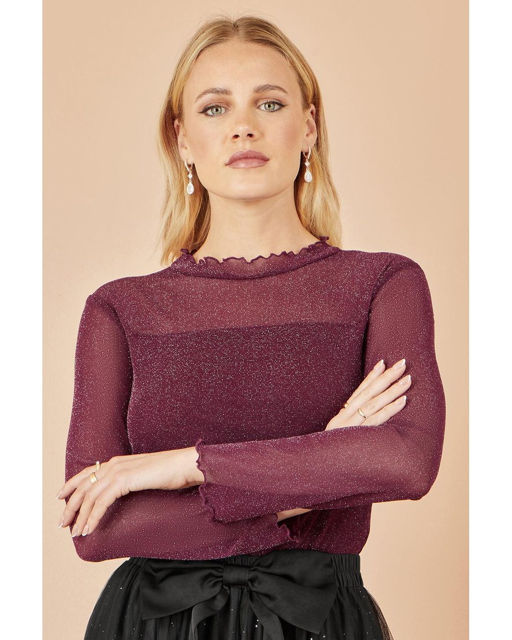 Yumi' Purple Shimmer Print Mesh Stretch Fitted Top