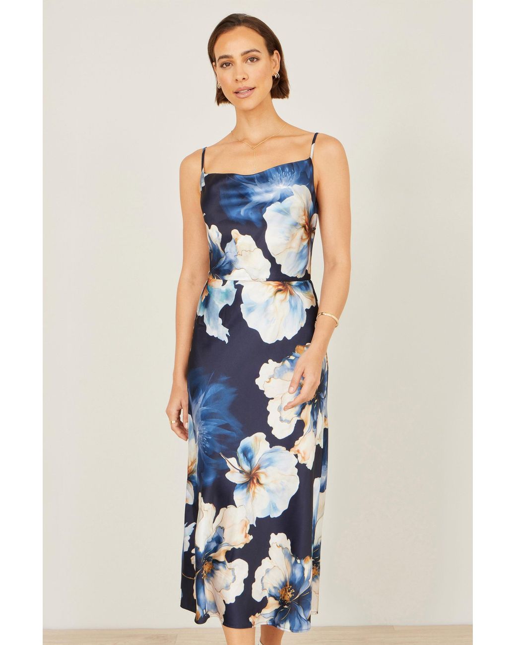 Yumi' Blue Cowl Neck Satin Floral Dress