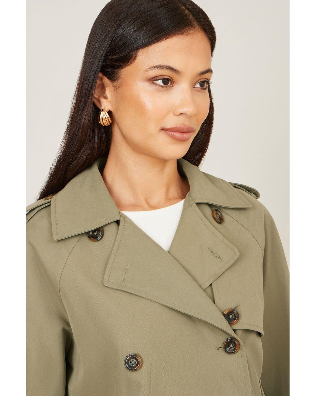 Yumi' Natural Cropped Trench Jacket With Pockets And Check Lining