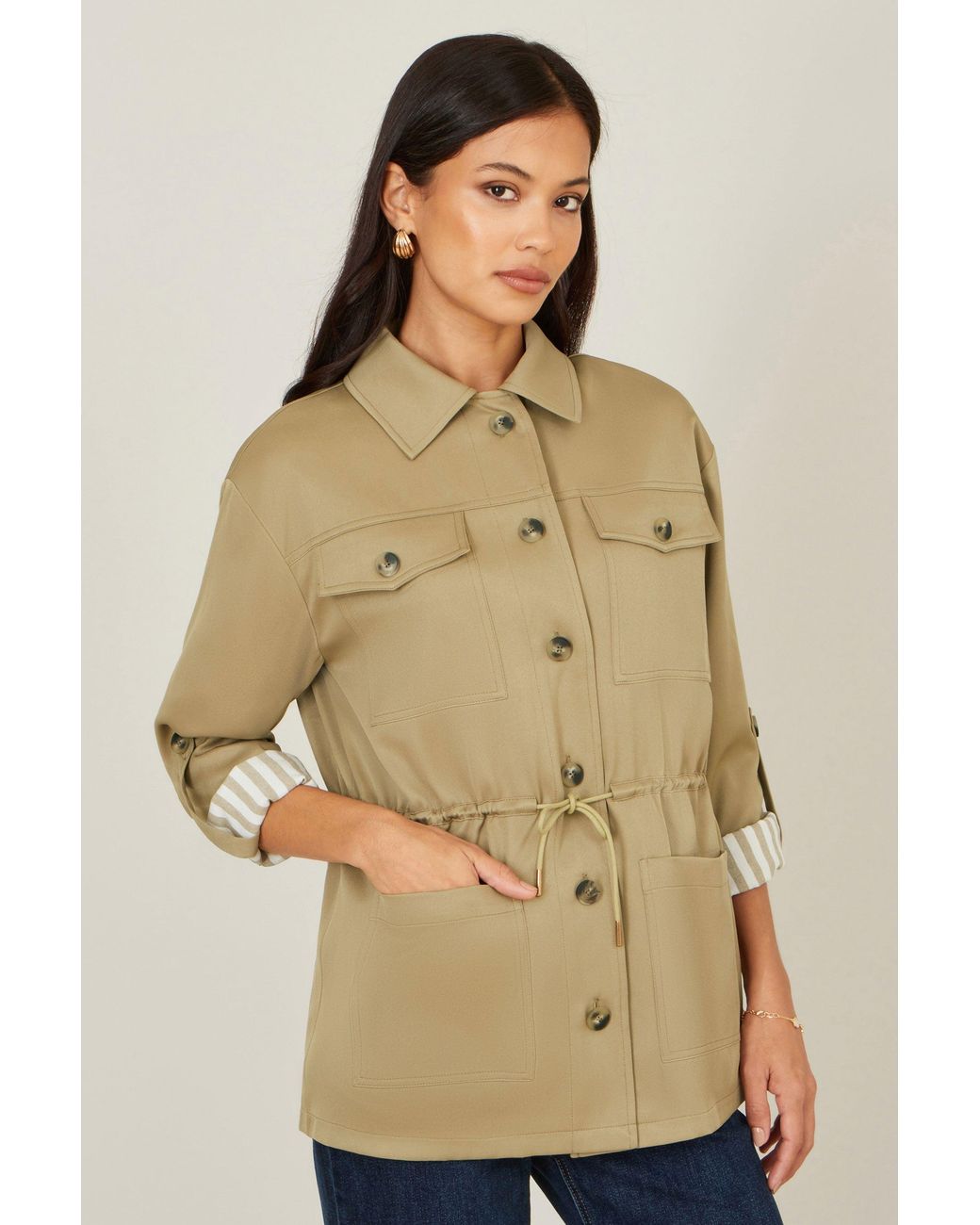 Yumi' Natural Utility Jacket With Drawstring Waist And Stripe Lining