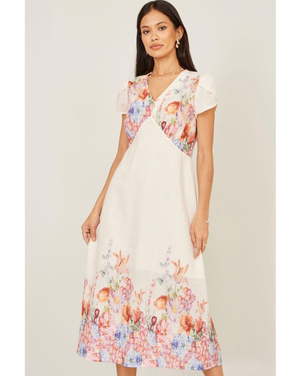 Yumi' Natural Border Floral Midi Dress