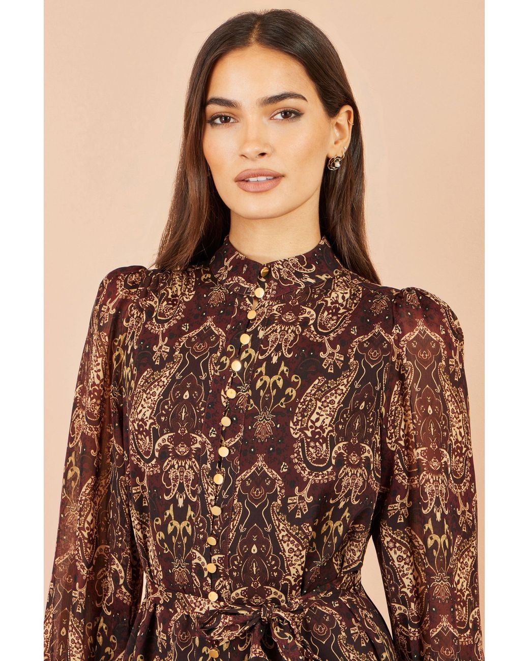 Yumi' Brown Paisley Long Sleeve Shirt Dress