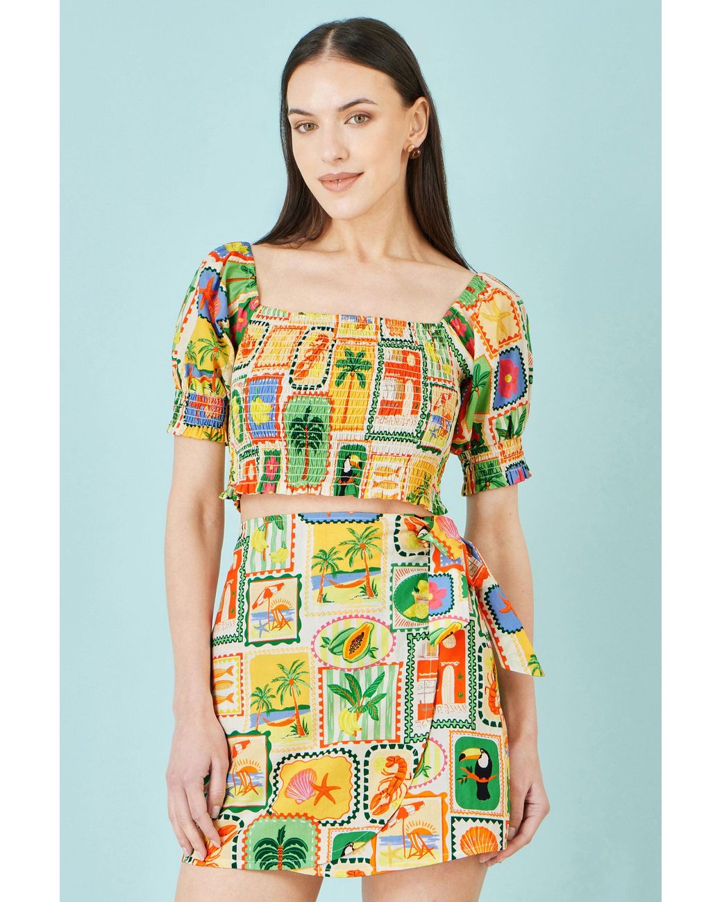 Yumi' Yellow Multicolour Cropped Shirred Cotton Postcard Print Top