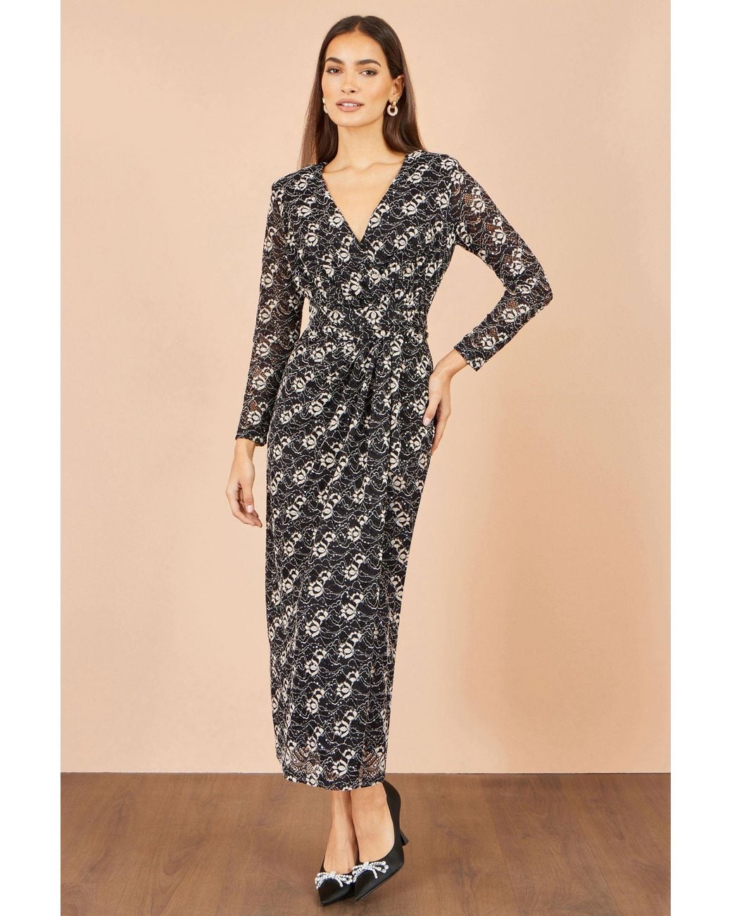 Yumi' Natural Brushed Lace Wrap Dress With Sequin