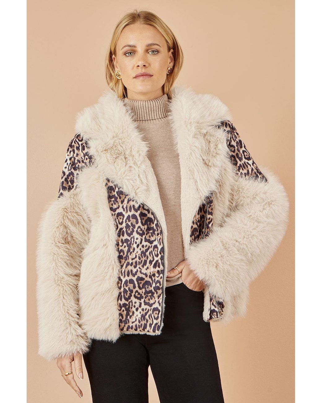 Yumi' Natural Cream Fur Biker Jacket With Leopard Print
