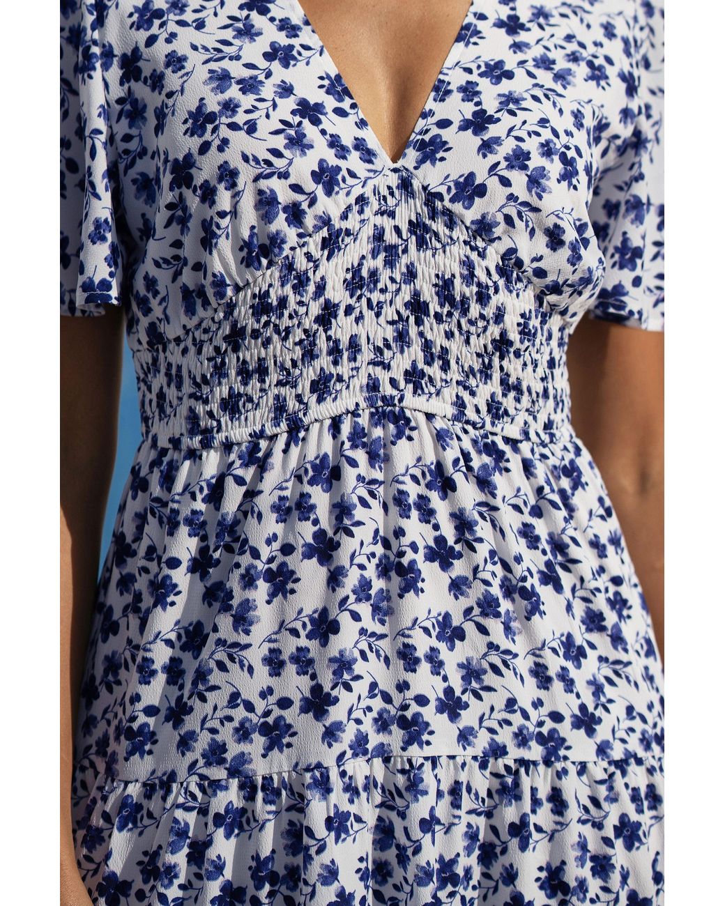 Yumi' Blue Floral Ruched Waist Midi Dress With Angel Sleeves