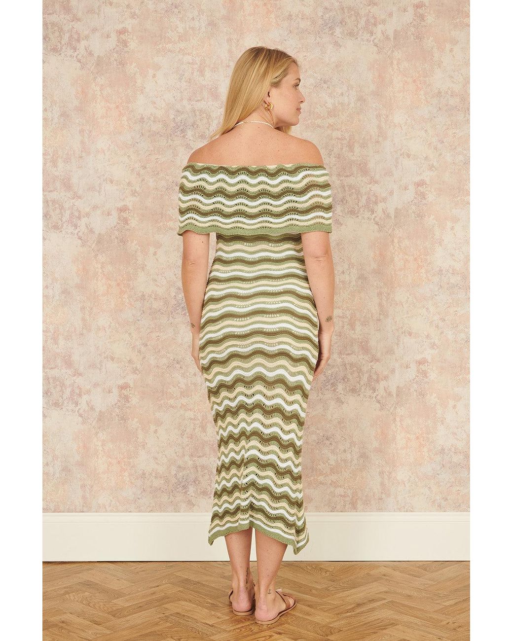 Yumi' Natural Stripe Crochet Knit Bardot Midi Dress