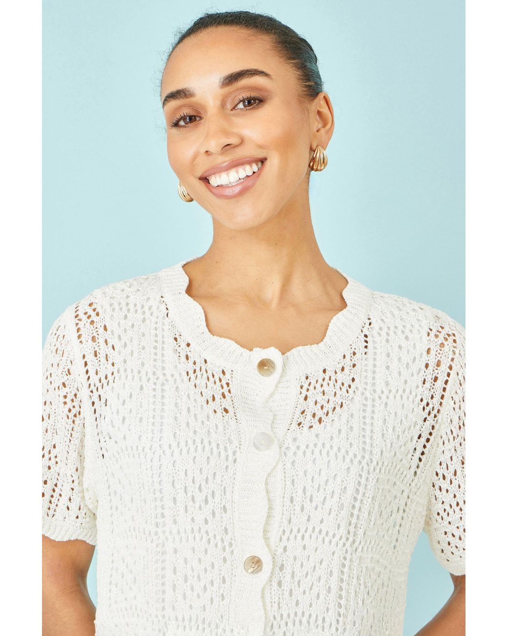 Yumi' White Crochet Short Sleeve Cardigan