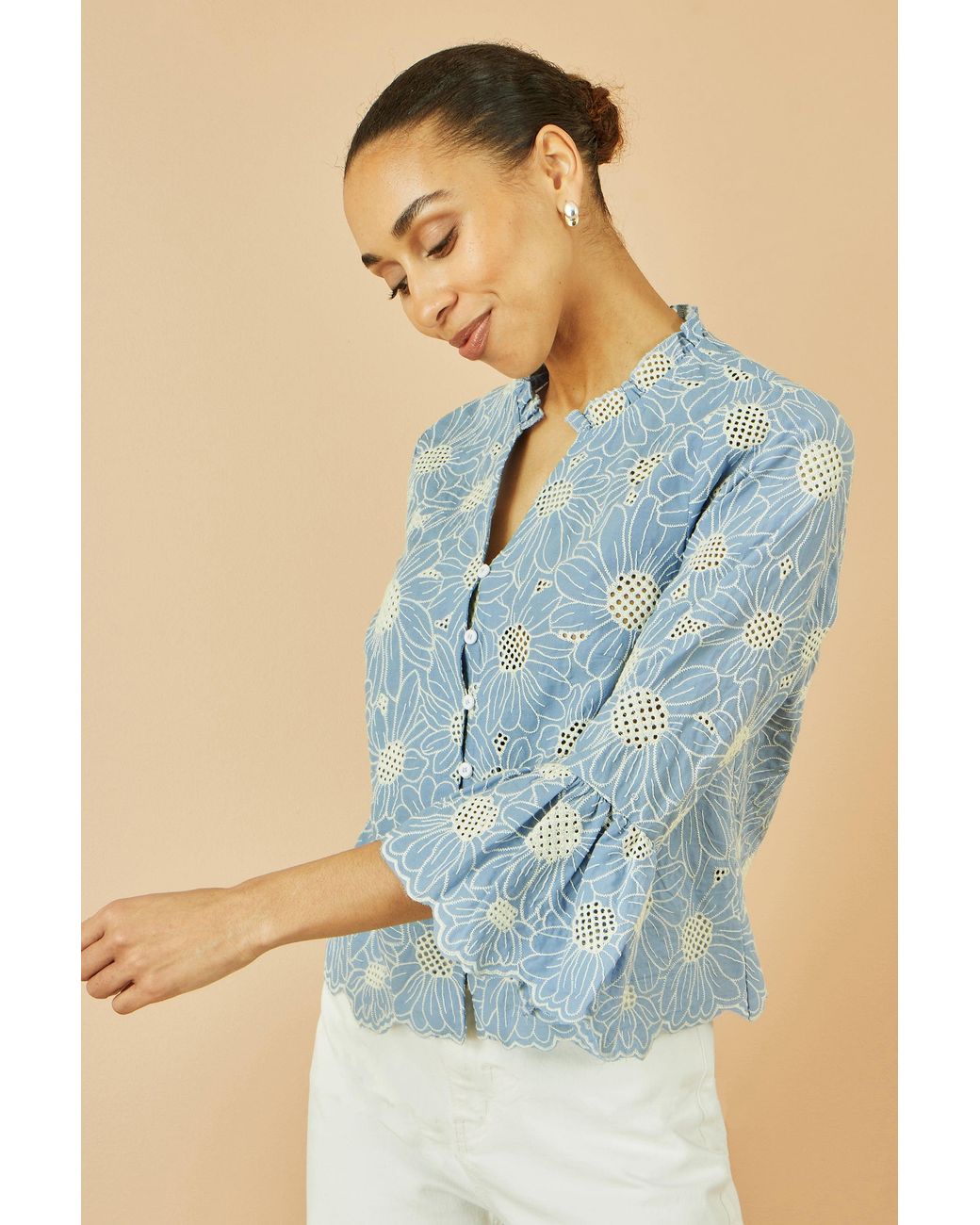 Yumi' Blue Daisy Broderie Shirt With Fluted Sleeves