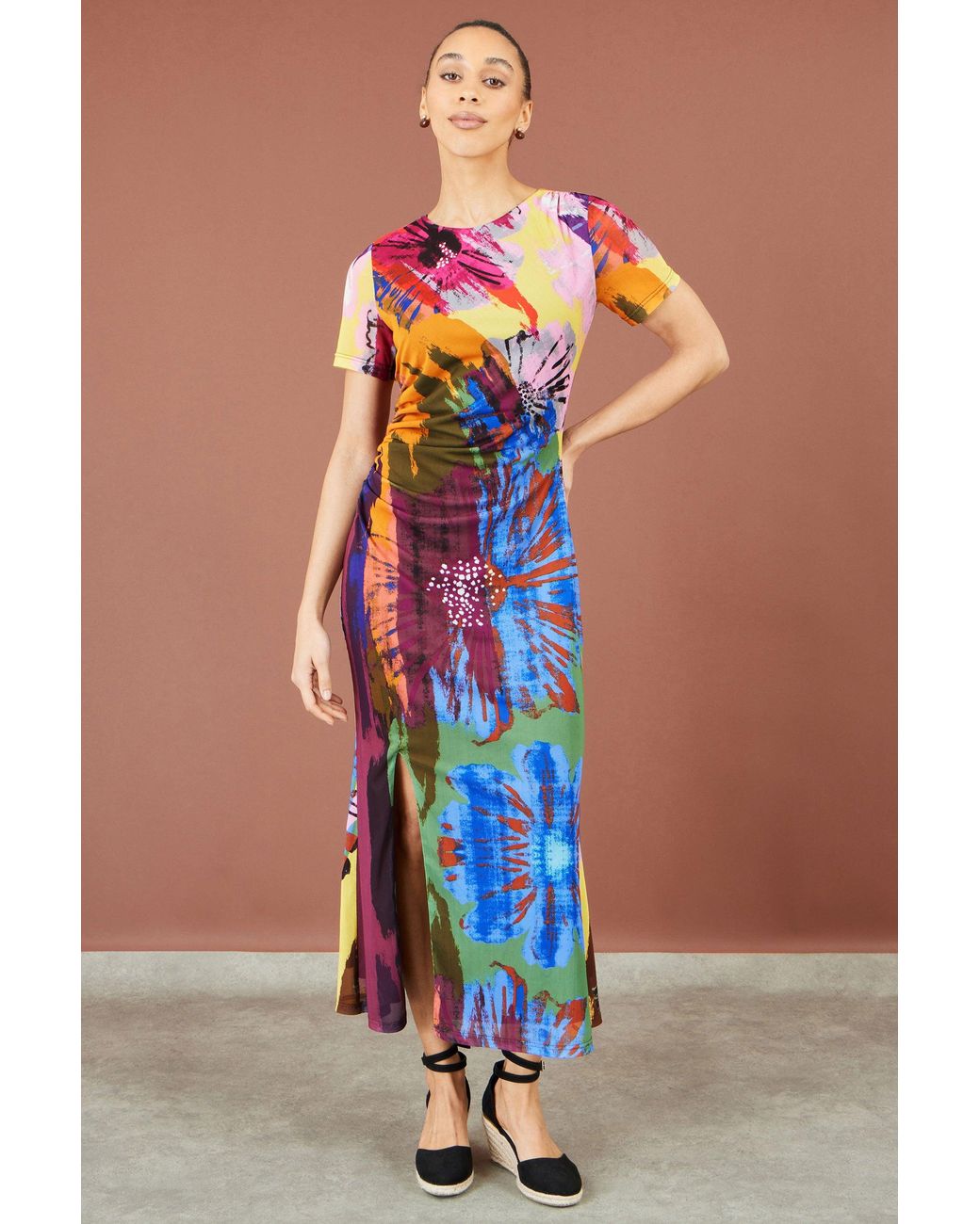 Yumi' Blue Multicolour Abstract Floral Mesh Midi Dress