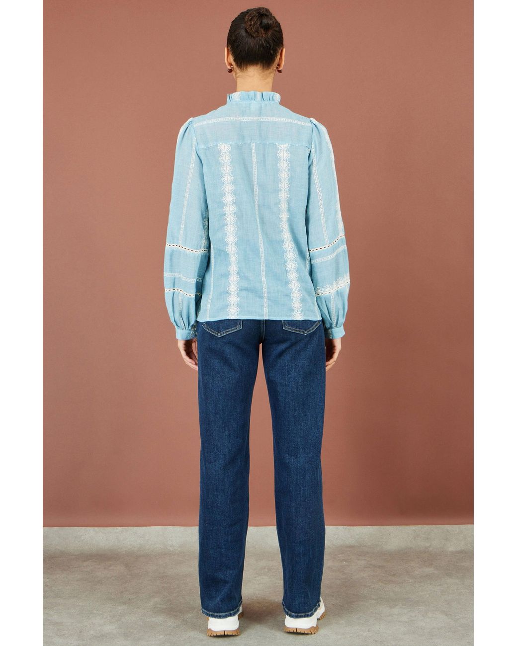 Yumi' Blue Cotton Embroidered Panel Shirt