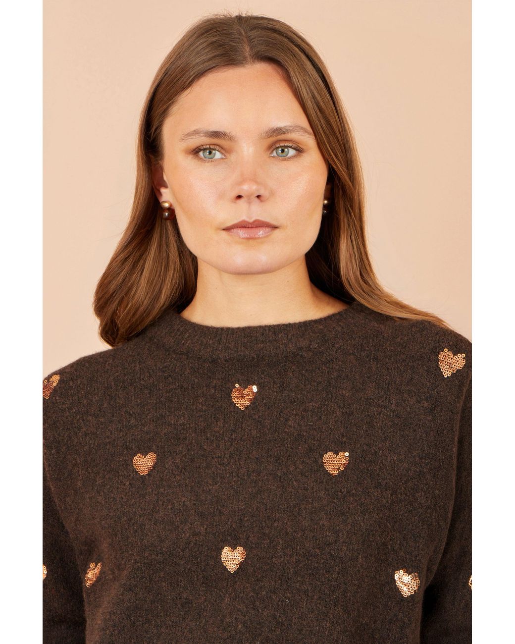 Yumi' Brown Sequin Heart Relaxed Jumper