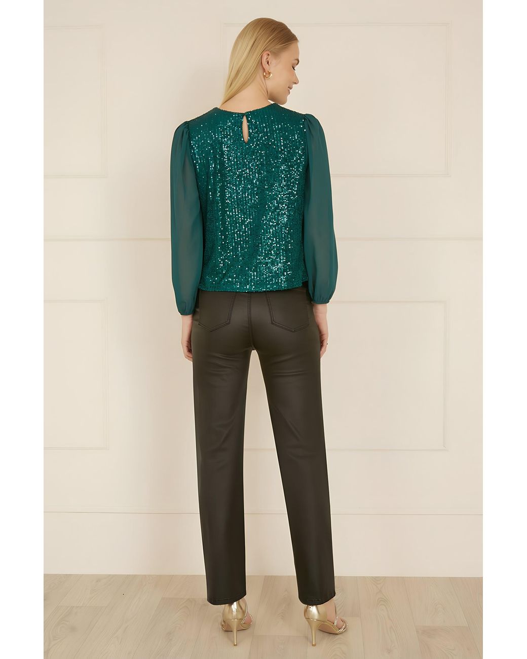 Yumi' Green Sequin Sheer Sleeve Top