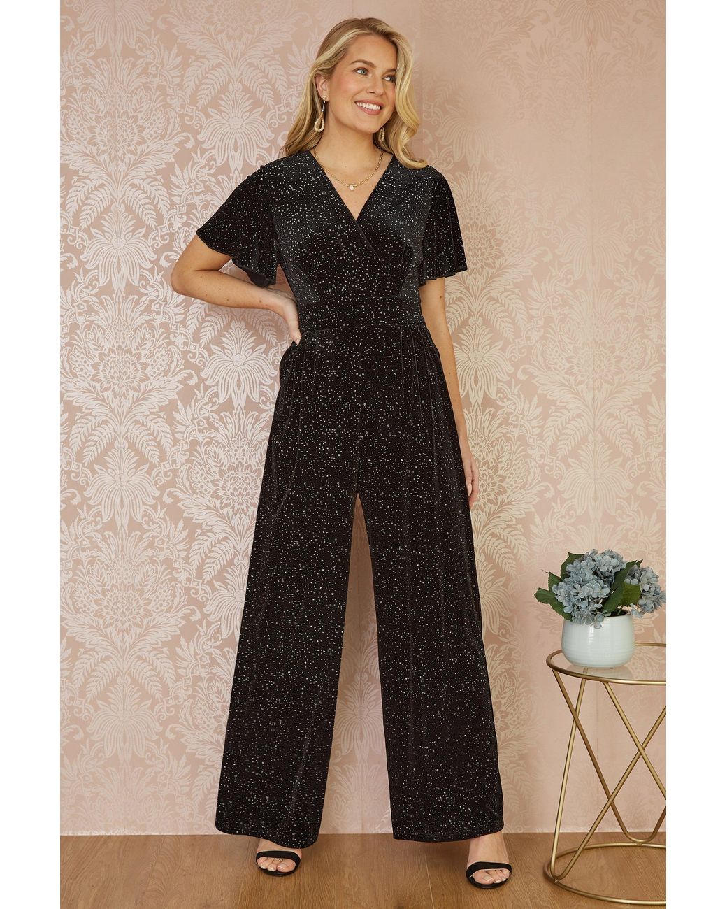 Yumi' Black Sparkle Velvet Wide Leg Jumpsuit