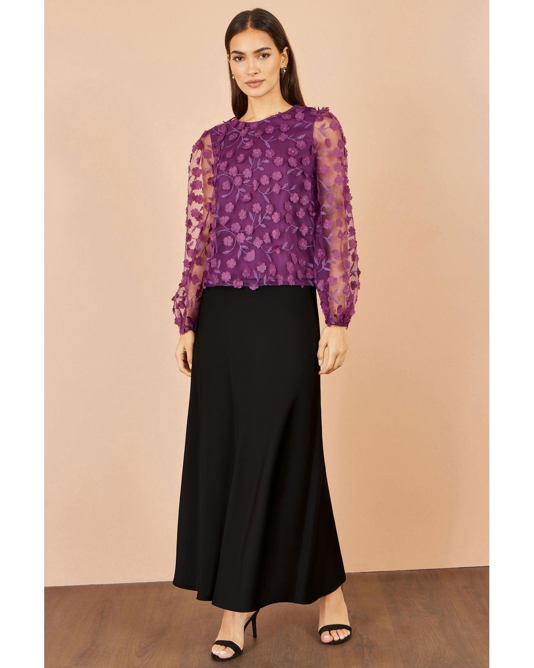 Yumi' Purple Sheer Sleeve Applique Flower Top