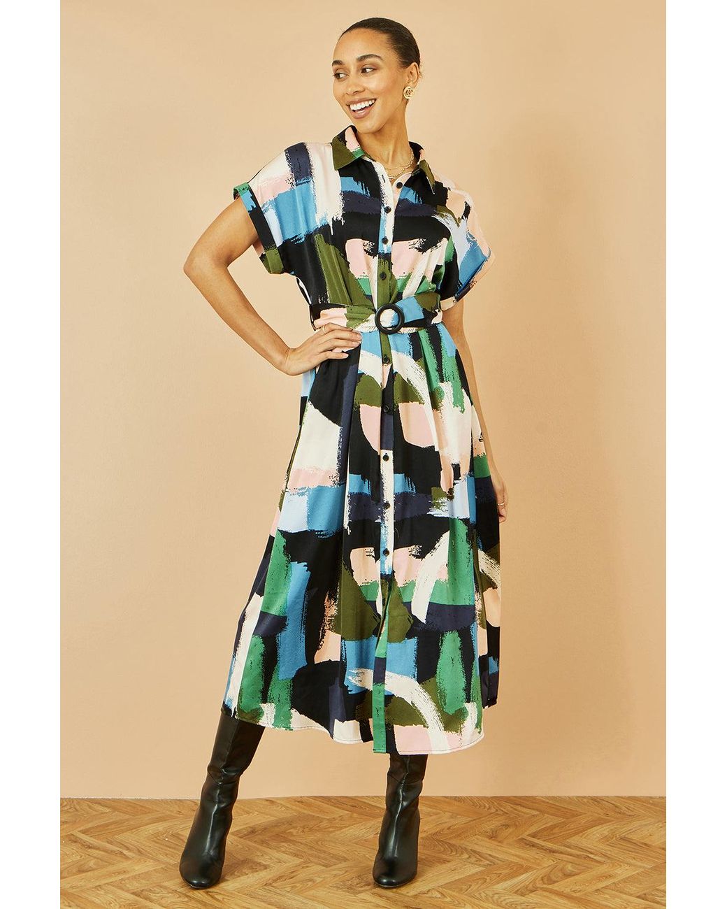 Yumi' Blue Brushstroke Print Relaxed Midi Shirt Dress