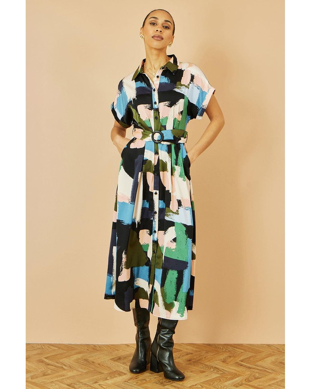 Yumi' Blue Brushstroke Print Relaxed Midi Shirt Dress