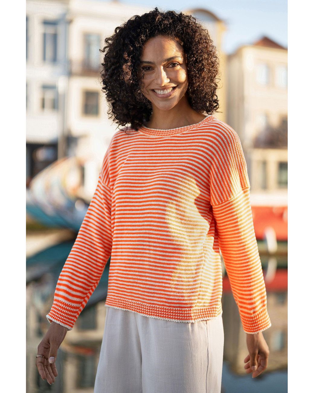 Yumi' Orange Knitted Stripe Relaxed Jumper