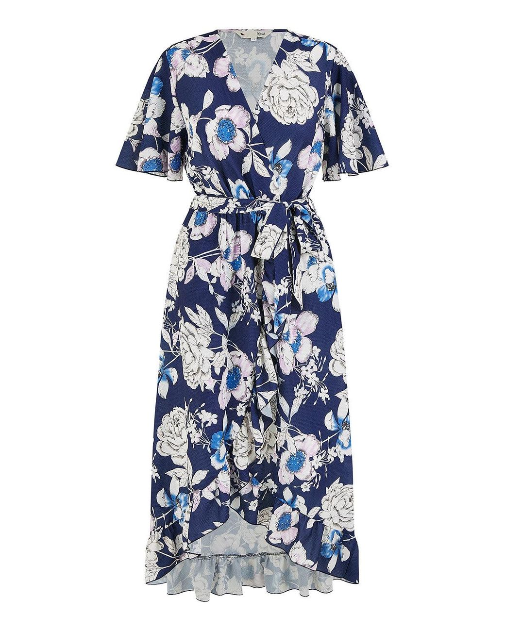 Yumi' Blue Floral Midi Wrap Dress