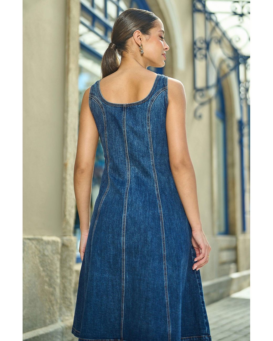 Yumi' Blue Stretch Denim Panel Fitted Dress