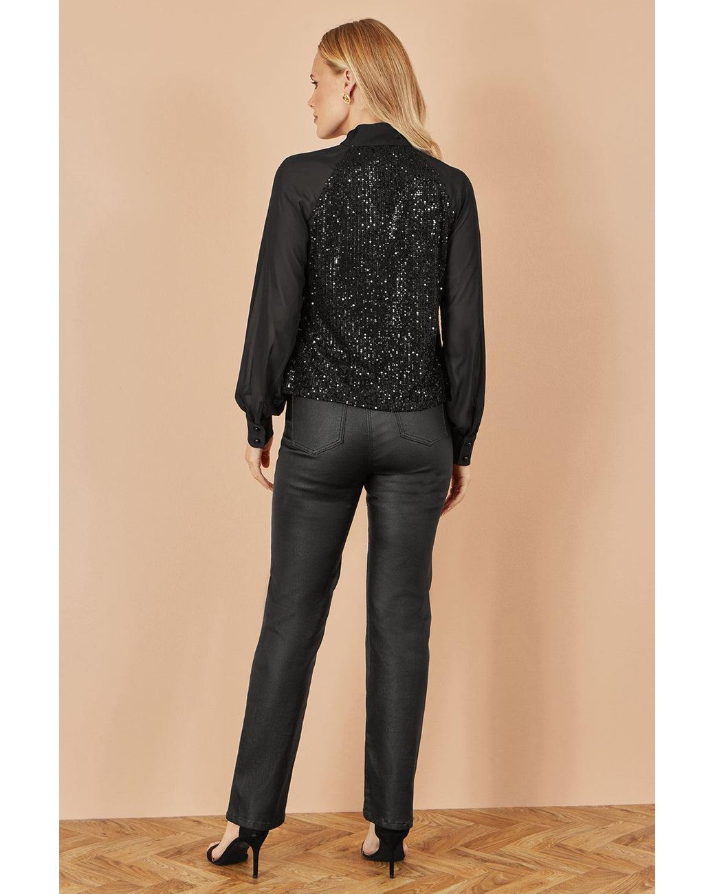 Yumi' Black Sequin Pussy Bow Top