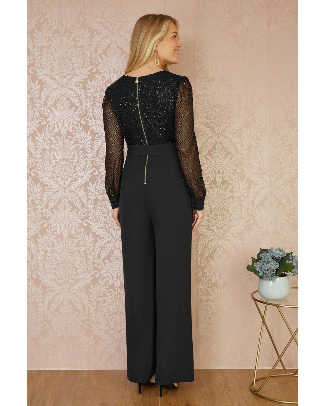 Yumi' Black Sequin Jumpsuit With Long Sleeves
