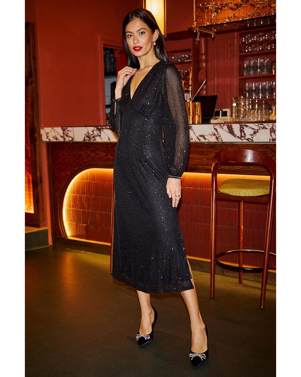 Yumi' Red Sequin Long Sleeve Midi Dress