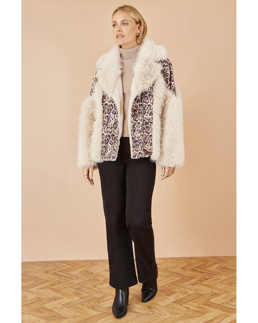 Yumi' Natural Cream Fur Biker Jacket With Leopard Print