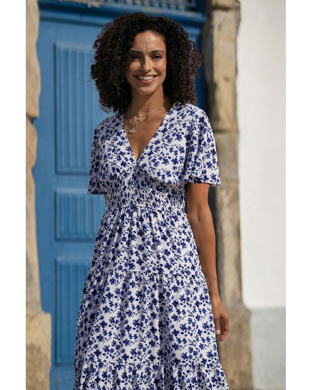 Yumi' Blue Floral Ruched Waist Midi Dress With Angel Sleeves