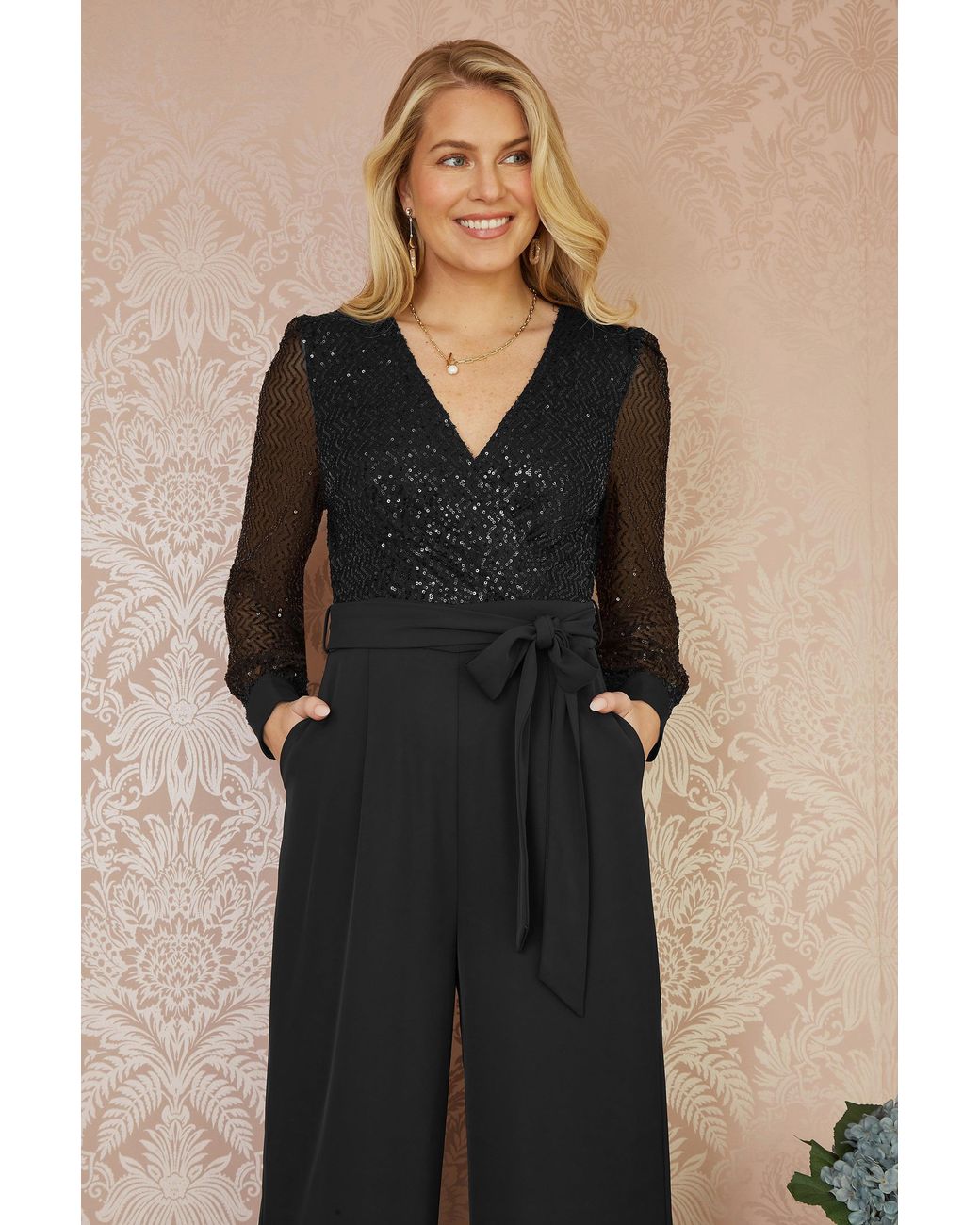 Yumi' Black Sequin Jumpsuit With Long Sleeves