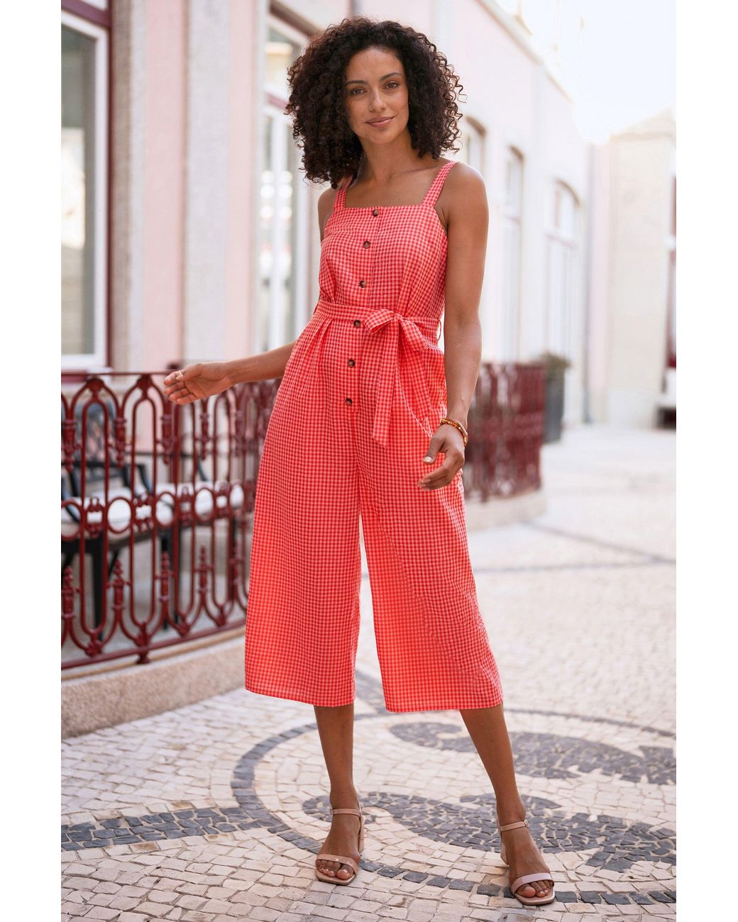 Yumi' Red Gingham Button Through Jumpsuit