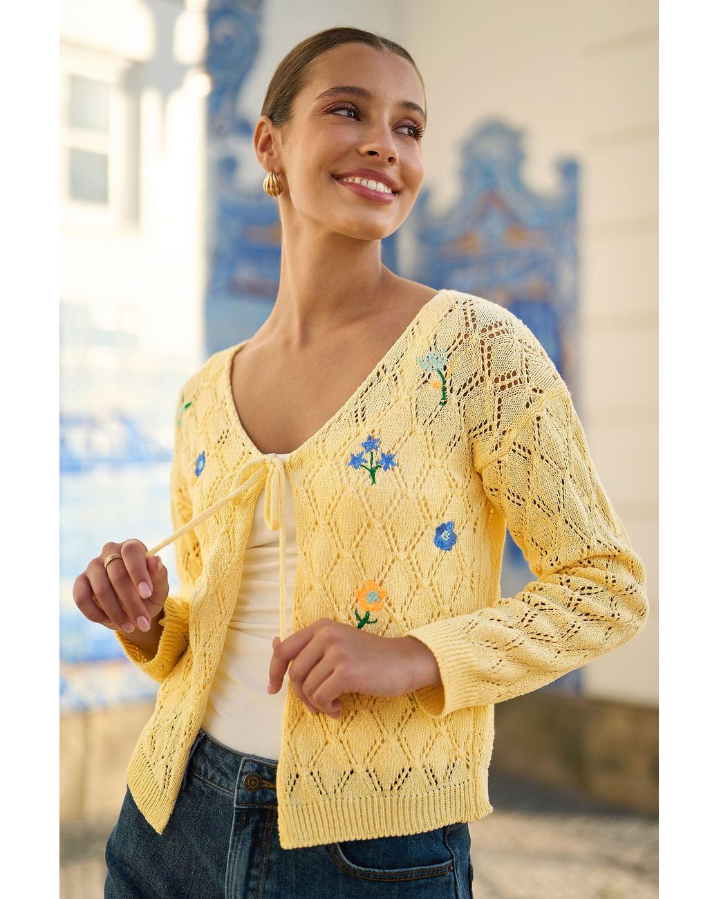 Yumi' Yellow Embroidered Pointelle Cardigan