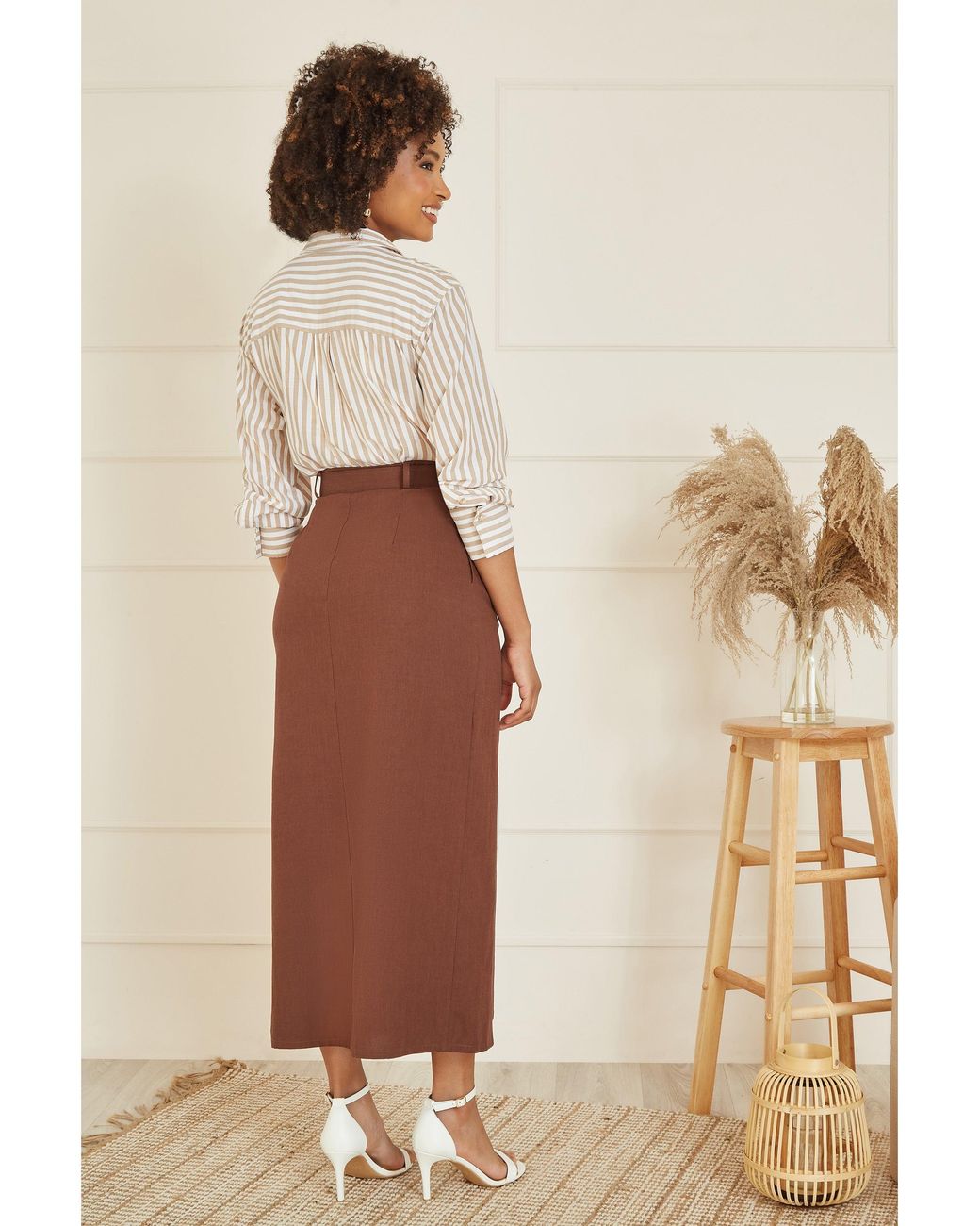 Yumi' Natural Cotton Midi Skirt With Belt And Split Hem