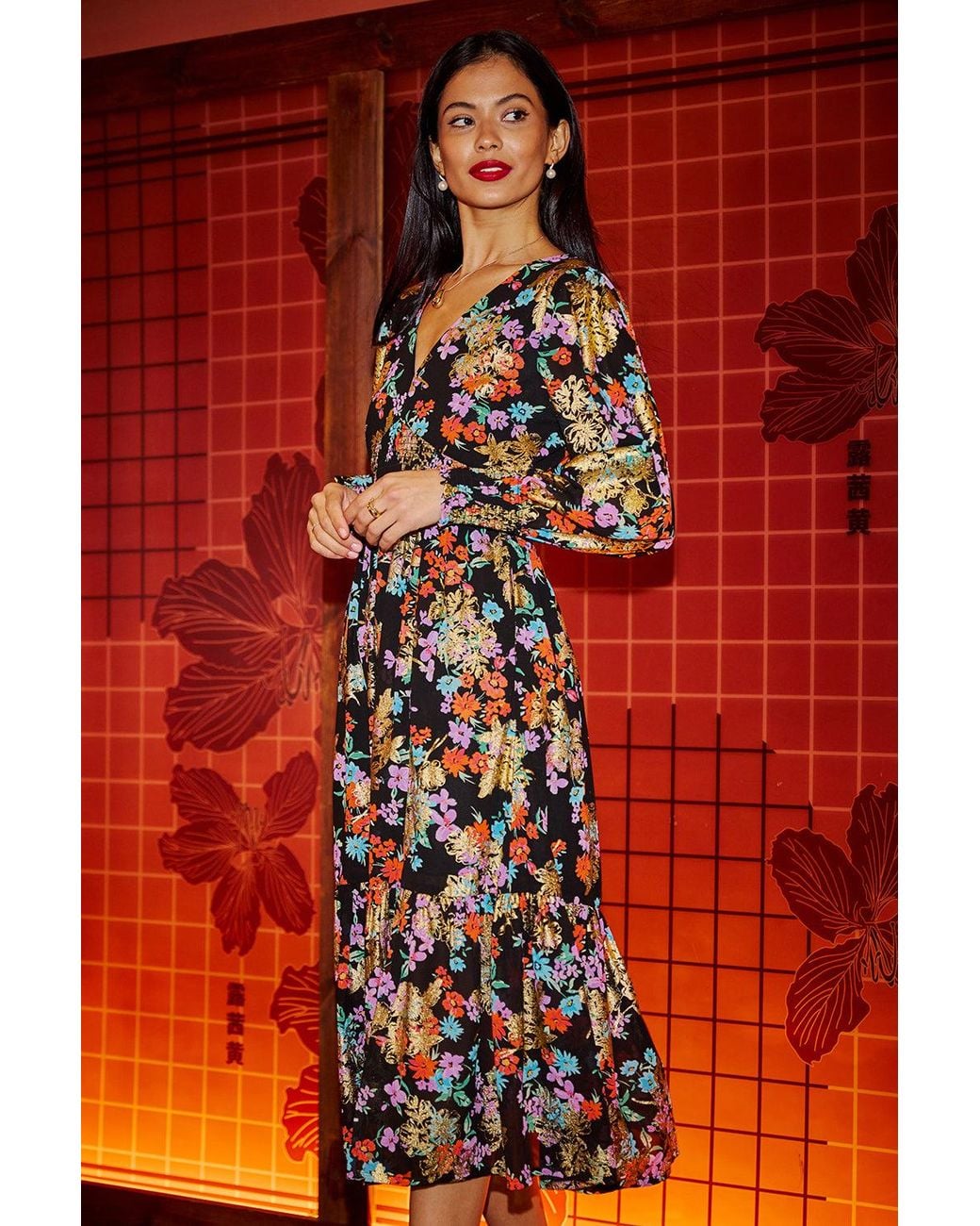 Yumi' Red Floral And Foil Ruched Midi Dress With Split Hemline