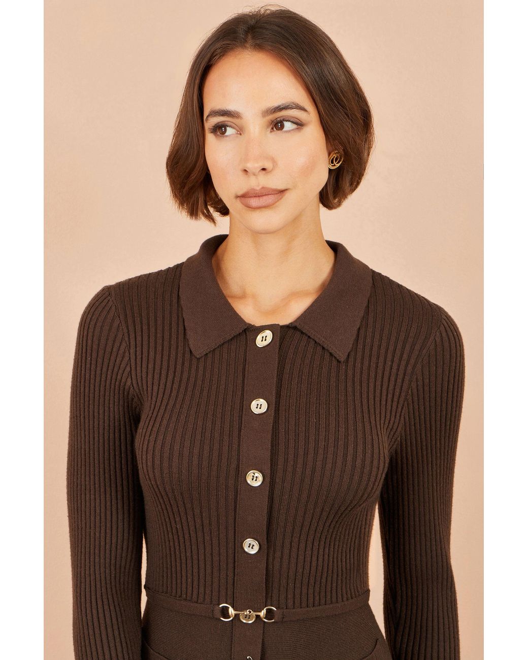 Yumi' Brown Rib Knit Midi Shirt Dress With Snaffle Belt