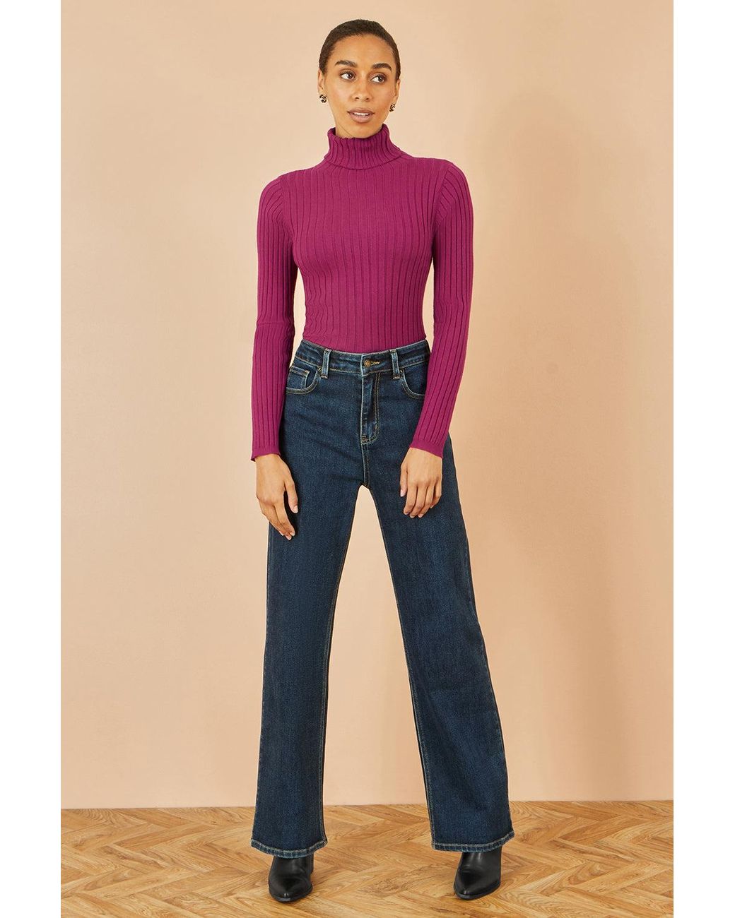 Yumi' Purple Ribbed Knit Roll Neck Jumper