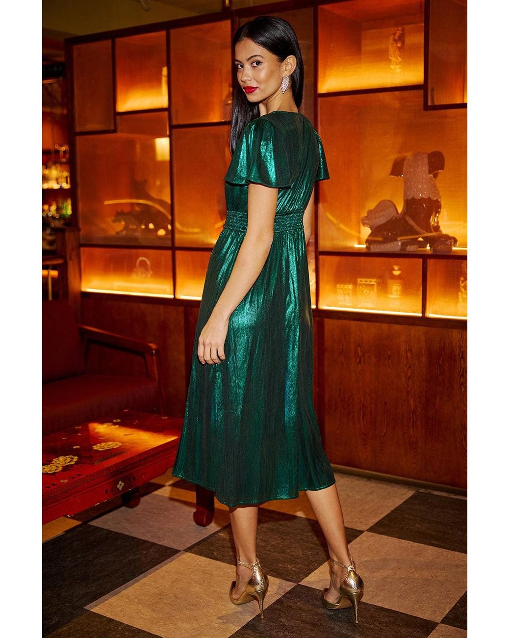 Yumi' Orange Metallic Ruched Midi Dress
