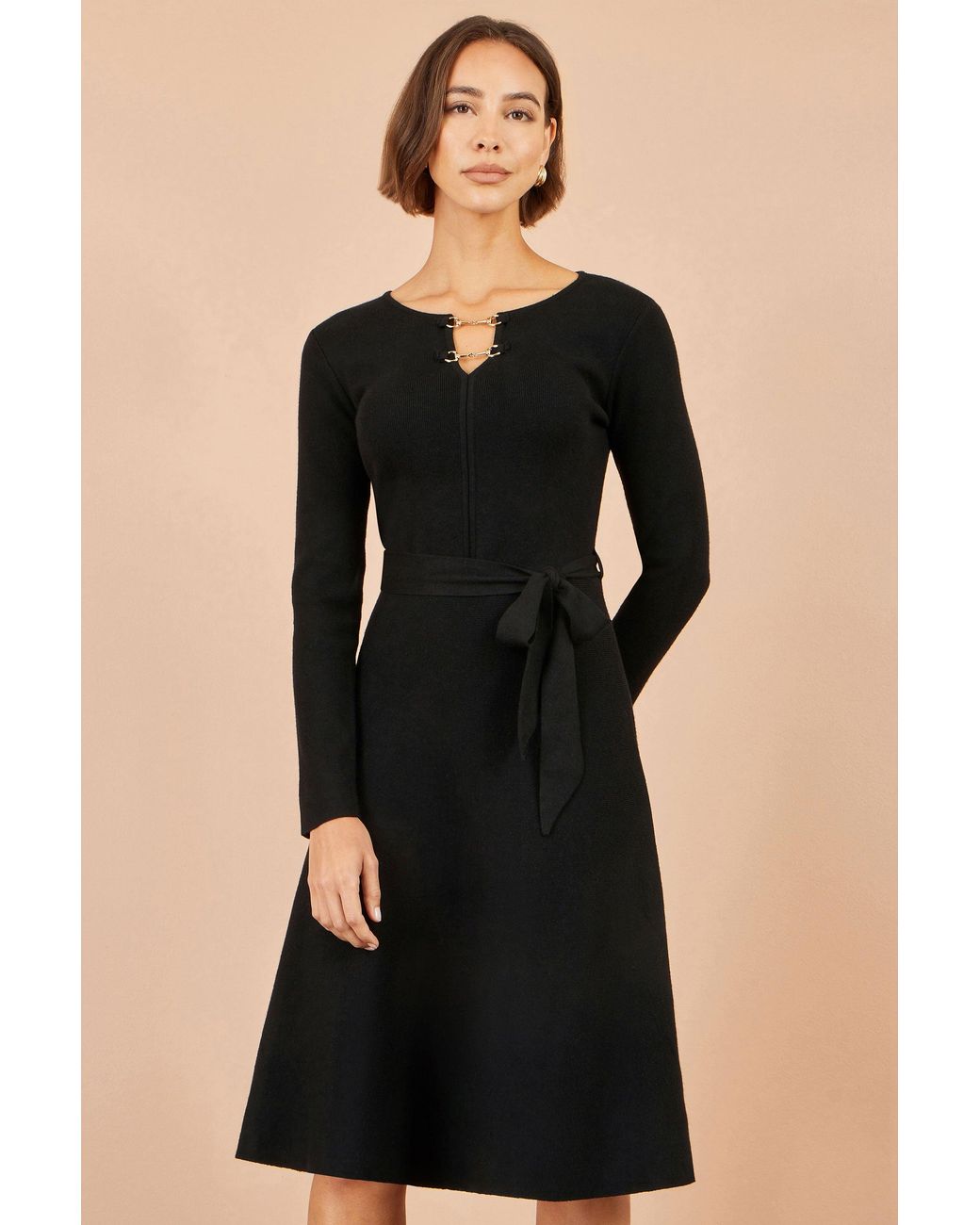 Yumi' Black Knitted Skater Dress With Buckle Detail