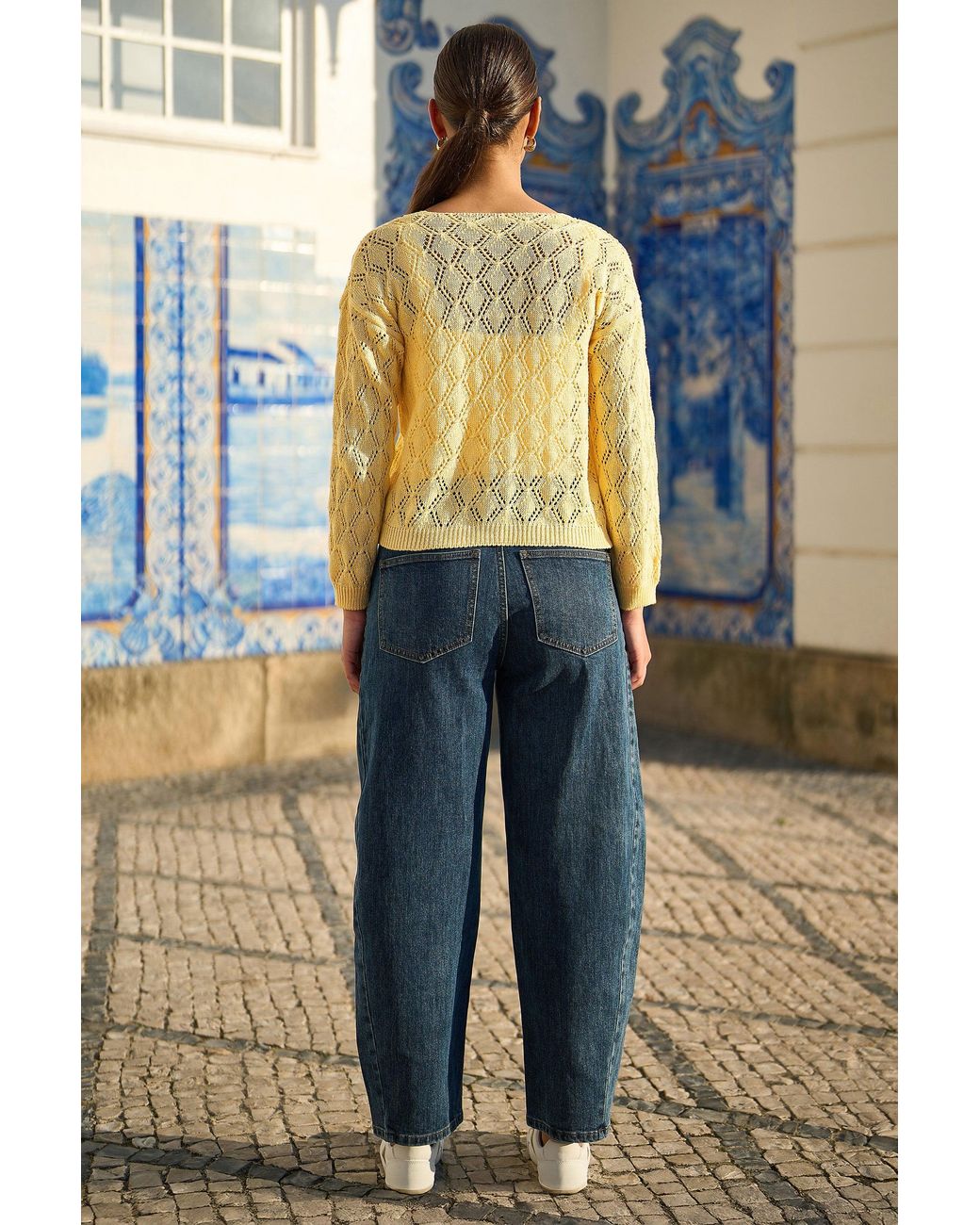 Yumi' Yellow Embroidered Pointelle Cardigan