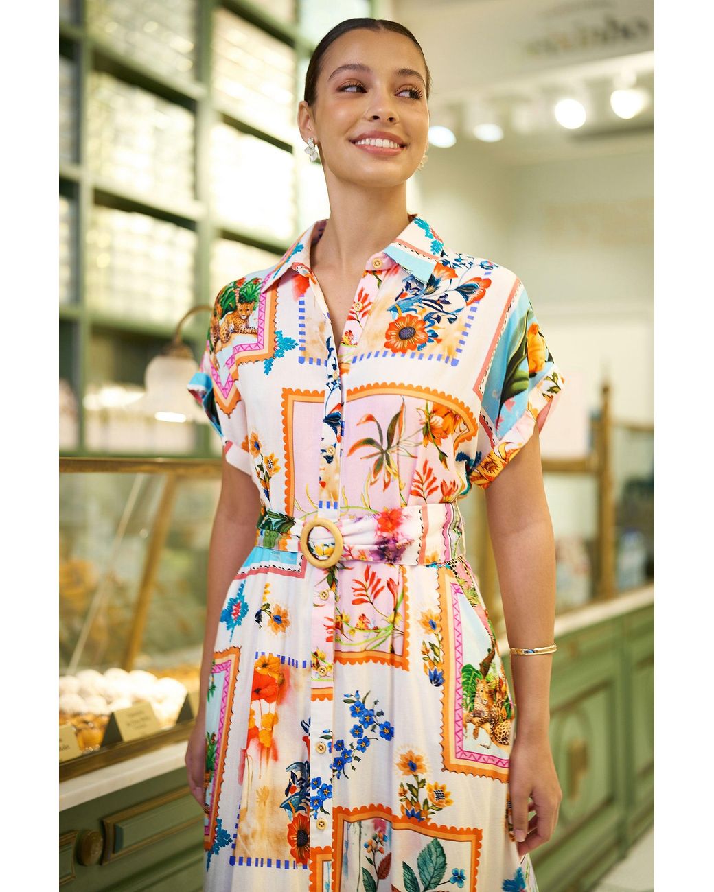 Yumi' Green Tropical Postcard Print Relaxed Midi Shirt Dress