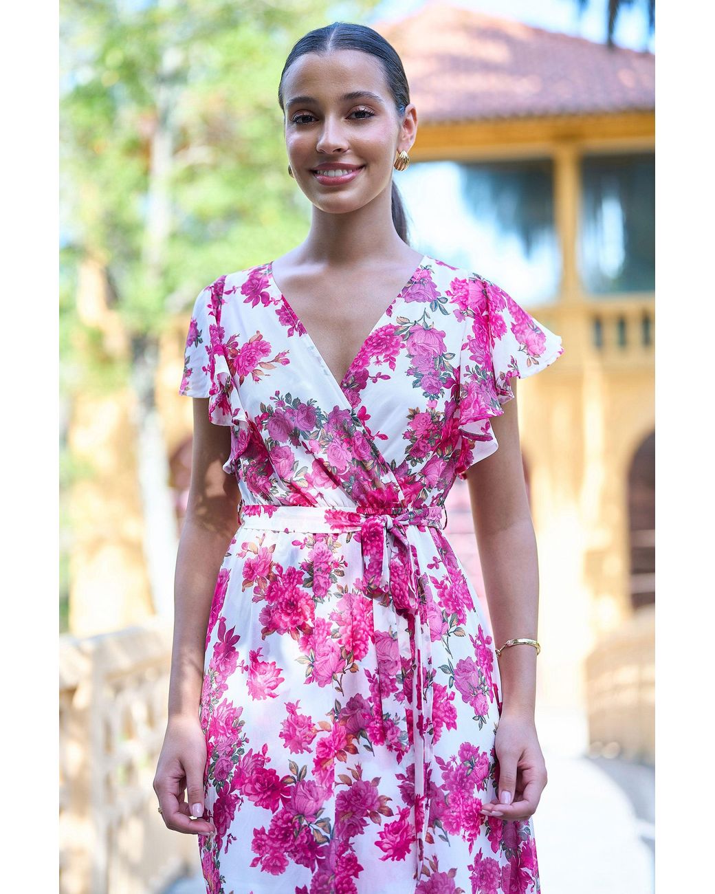 Yumi' Blue Floral Wrap Dress With Dipped Hem