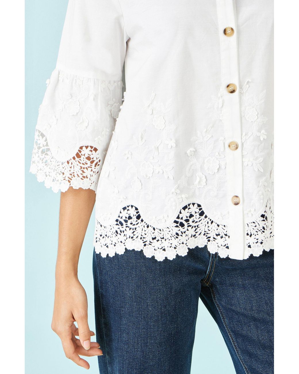Yumi' White Cotton Lace Border Shirt