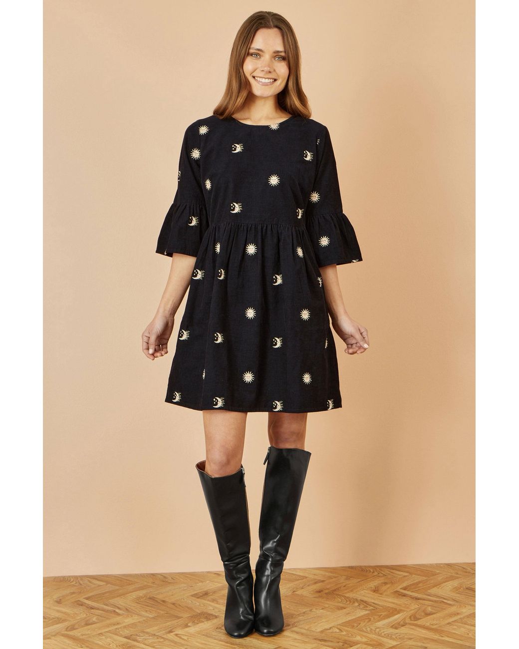 Yumi' Black Cosmic Embroidery Cord Tunic Dress