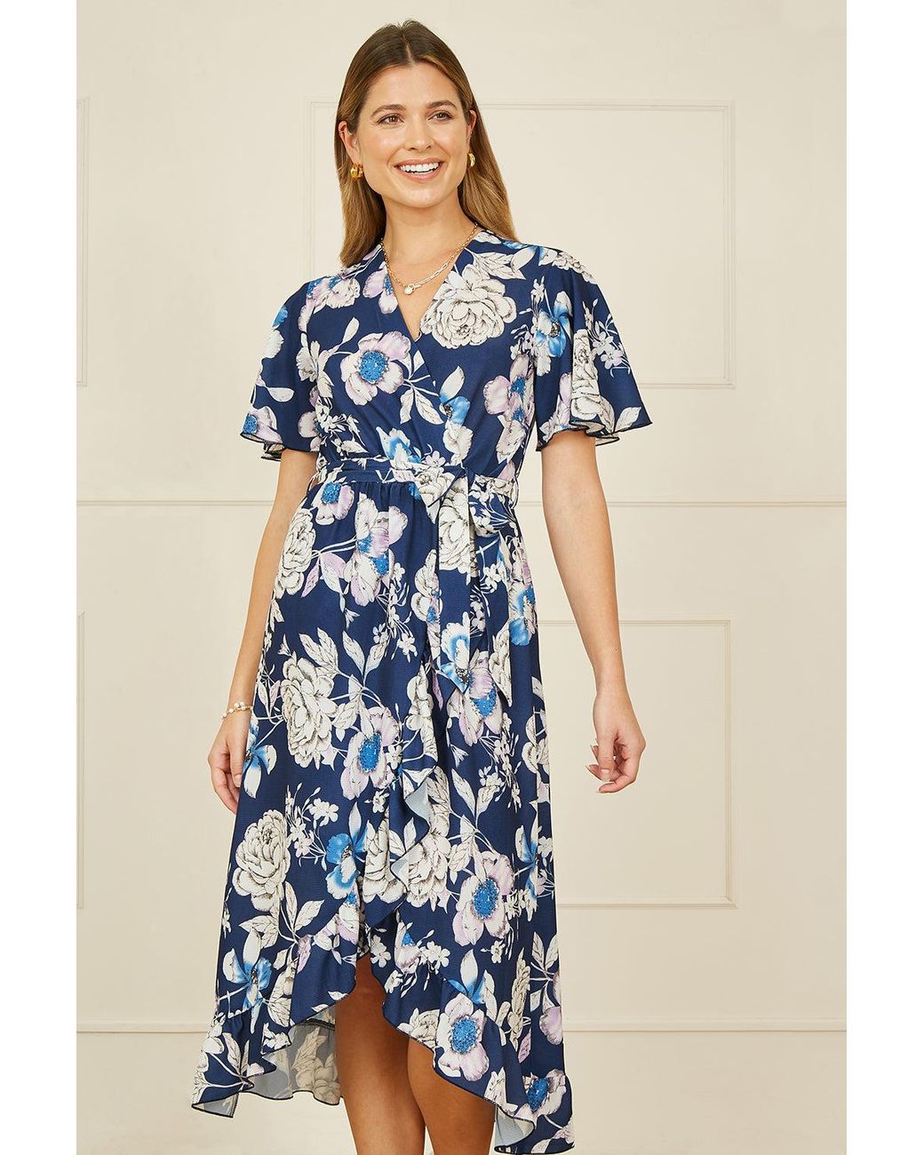 Yumi' Blue Floral Midi Wrap Dress